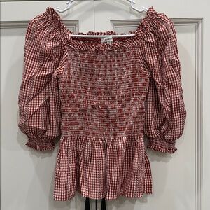 Max Studio Red Gingham Smocked Milkmaid cottagecore fairy Coquette Top—Small